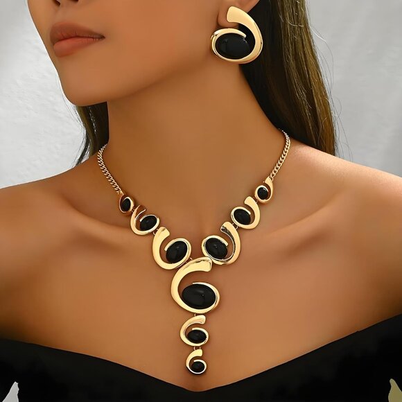 Gold Jewelry Set, Silver Black Boho Western Chunky Vintage Pendant Necklace Stac - Picture 7 of 7